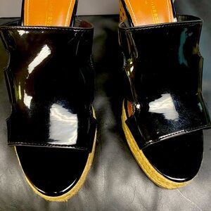 Black patent leather wedge sandals